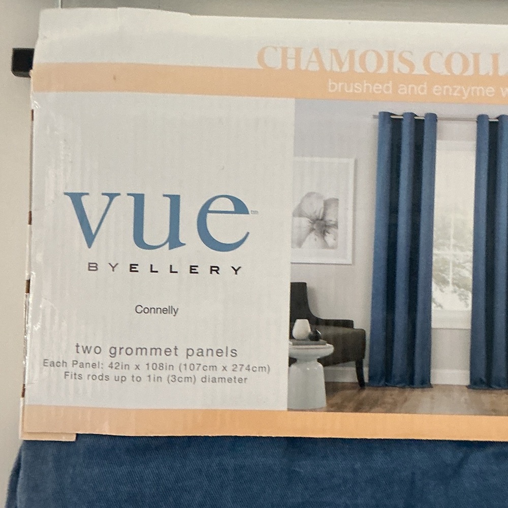 Vue Denim Blue Cotton Grommet Curtains - Set of 3 - Picture 2 of 3